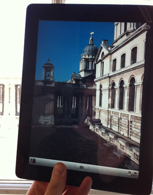 iPad taking a picture of Maritime Greenwich campus