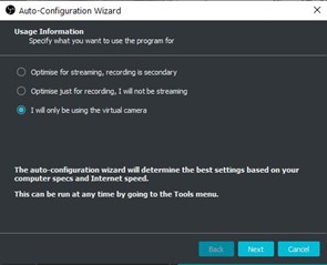 Screenshot of OBS Autoconfiguration Wizard - Setting for "virtual camera" selection.