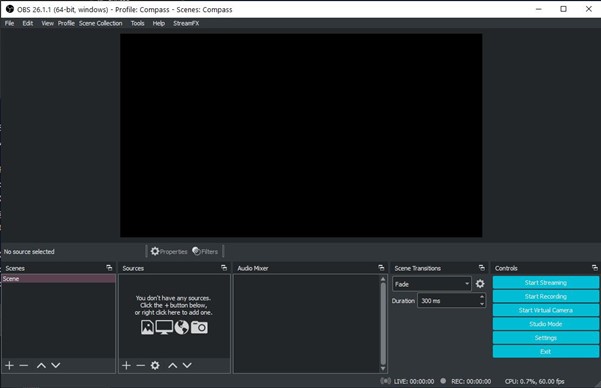 Main window of OBS Studio, showing an empty canvas (no sources selected), as well as panes for scenes, sources, audio mixer, scene transitions, and controls.