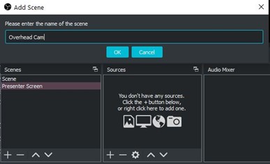 Screenshot showing how to add the overhead camera view as a scene.