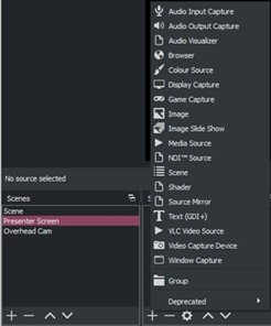 Screenshot showing the selection of source types in OBS Studio.