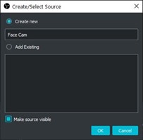 Screenshot showing how to add a webcam as a source to a scene.