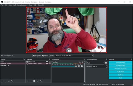 Screenshot showing the inserted webcam as a source into the scene. Preview shows author pointing at the edge of the preview window.