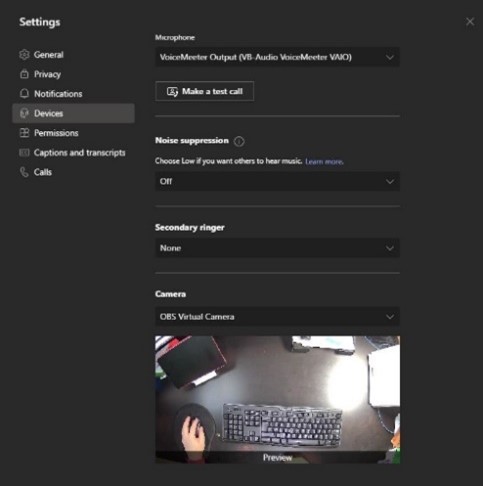 Screenshot of how to add OBS virtual cam in MS Teams device settings.