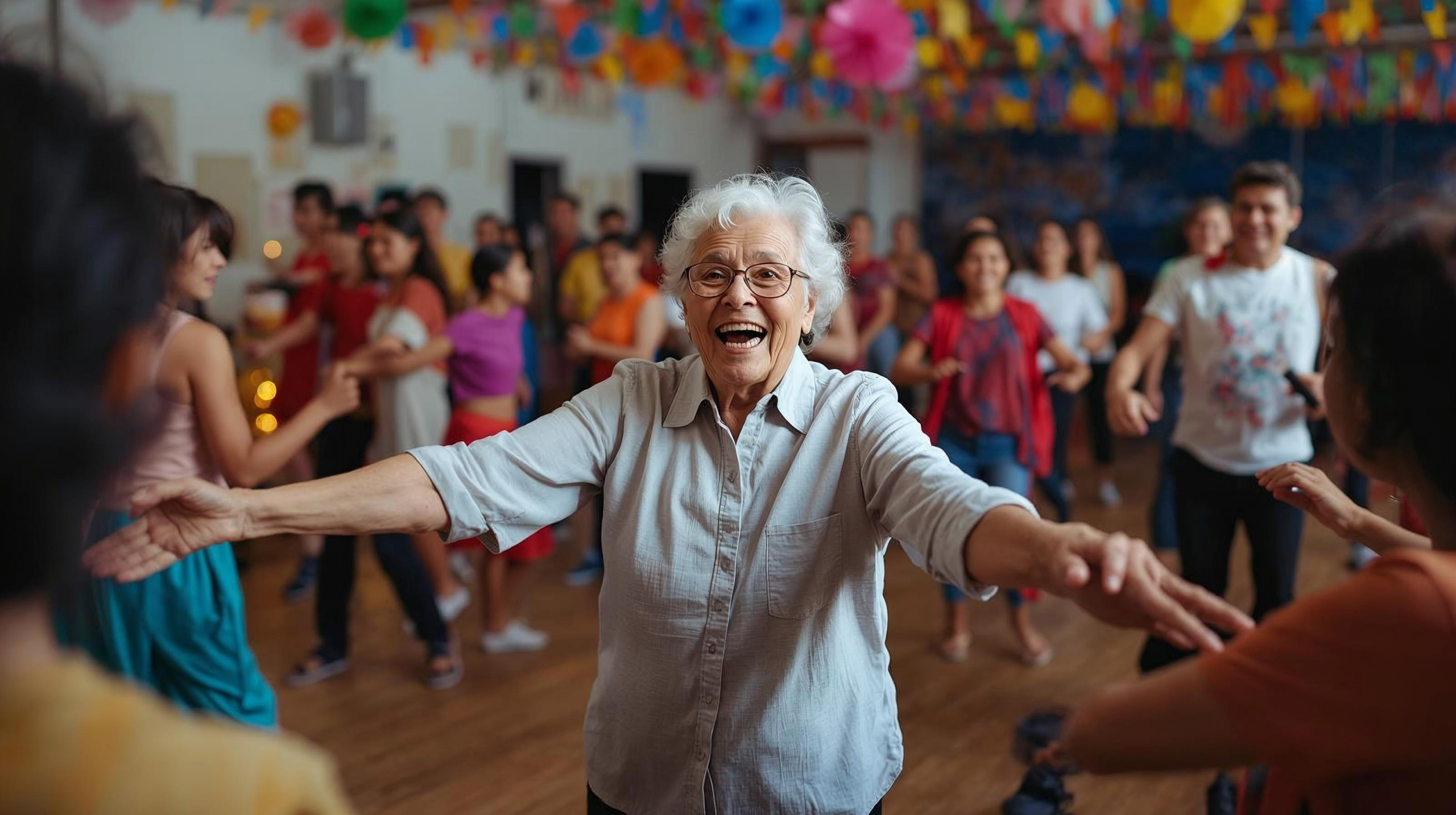 Elderly person running a dance and culture class