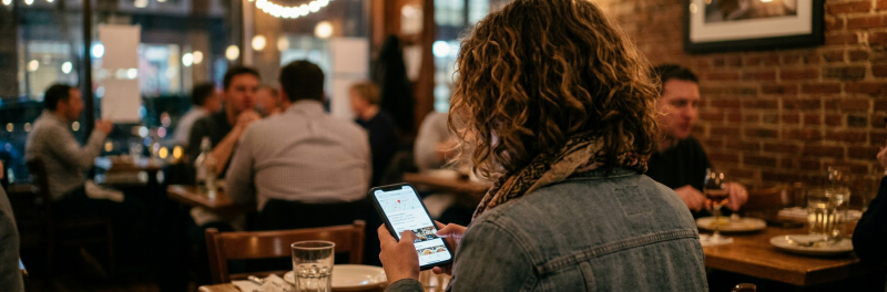 Woman using smartphone at restaurant table with food and glass