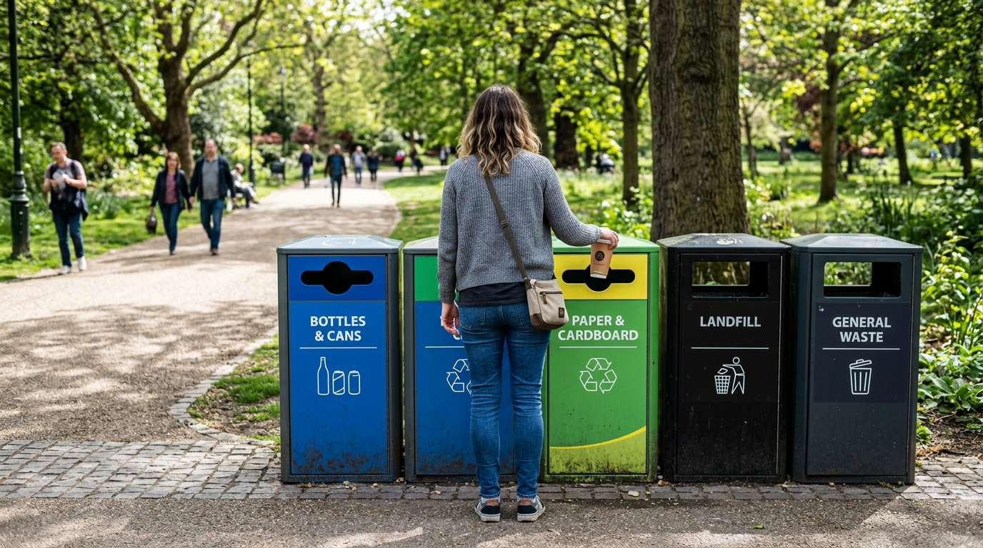 Woman placing cup in recycling bin labeled Paper & Cardboard in park