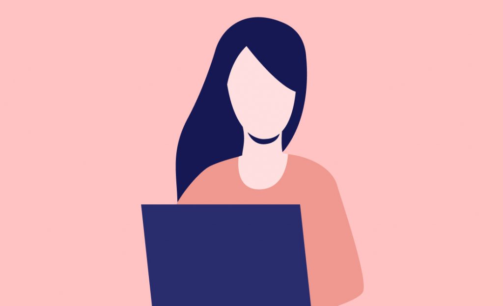 Illustration of a woman working on a laptop.